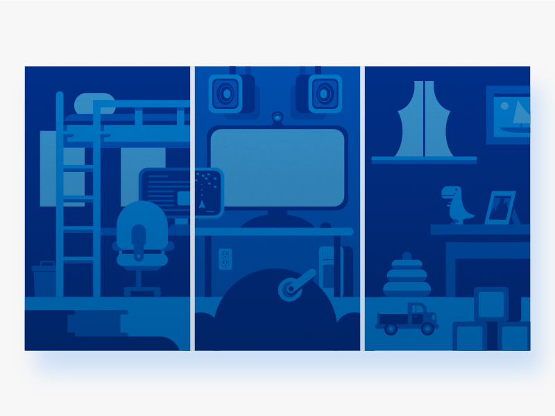 Bedroom Setups modern blue gaming technology bedroom truck dinosaur graphic design illustration flat vector