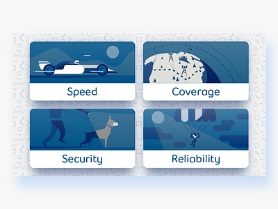 Speed, Coverage, Security, Reliability blue design flat graphic icon icons illustration illustrator simple ui uidesign vector