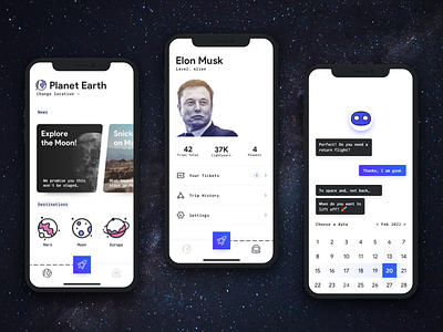 SPACED App Concept app bot caht elon galaxy mobile musk planet rocket space spaced travel