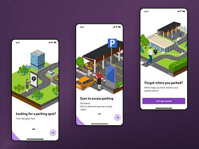 Onboarding Screens - Parko app cards design guide iphone iphone screen isometric illustration mobile app mockup onboarding onboarding flow onboarding illustration onboarding screen parking app ui visual
