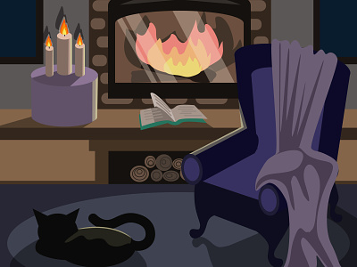 Cozy corner. Fireplace, book, candles, cat. books candles castle cat country house cozy cozy place fire fireplace home house interior interior illustration light