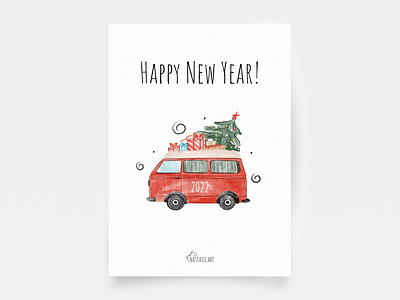 Postcard – Happy New Year! art flatillustration graphic design illustration new years card postcard red car watercolor style