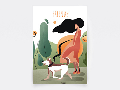 Postcard — Friends art dog flat flatillustration friends girl illustration postcard trees walk
