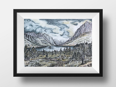 Alpine Lake Landscape in Tinted Charcoal charcoal commission hikeanddraw illustration ink national parks nature