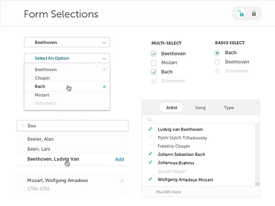 Blue steel Styleguide : Form Selection checkboxes dropdown forms lock multi select radio buttons search selection styleguide ui elements