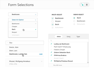 Blue steel Styleguide : Form Selection checkboxes dropdown forms lock multi select radio buttons search selection styleguide ui elements