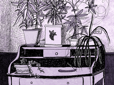 Still Life desk digital color drawing illustration micron monochromatic plants purple sketchbook still life
