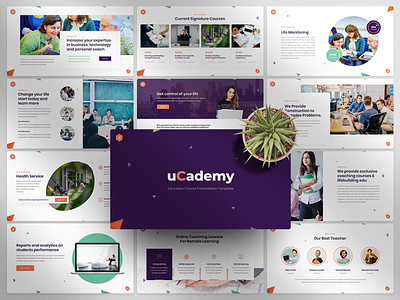 uCademy - Education Courses PowerPoint Template academic book certificate class classroom college computer course diploma e learning education graduation kids knowledge learn learning library professional school science