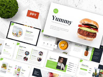 Yummy - Food Presentation Template bistro business cafe clean company cooking creative deck dessert food franchise green presentation presentation template restaurant shop slides snacks white