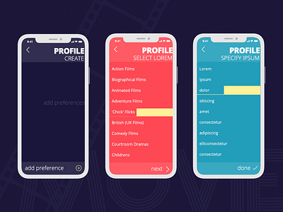 MovieApp create profile dark theme select user experience