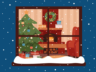 Christmas night armchair christmas cozy design fireplace gift illustration night present room snow snowfall tree vector window wreath