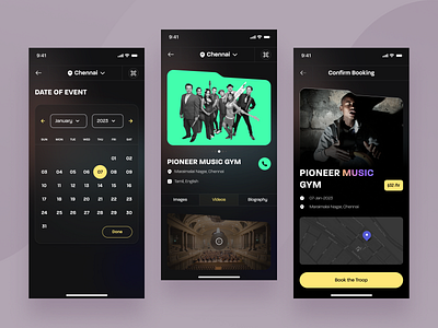 Music troop Booking cuberto event halolab ios location management mobile mobile app music booking troops ui