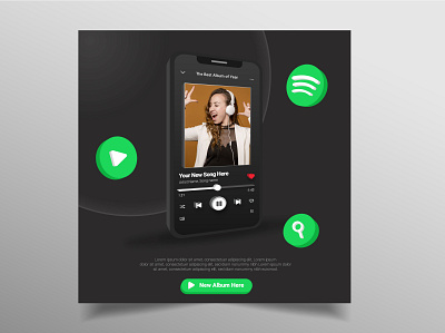 3d concept music player design for spotify song social media album banner banner ads clean green listening music player post