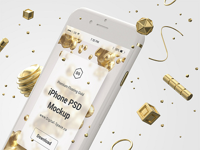 Floating Gold iPhone Psd Mock-Up - Close-Up 3d app gold iphone mobile mock up mockup photoshop plastic psd ui white