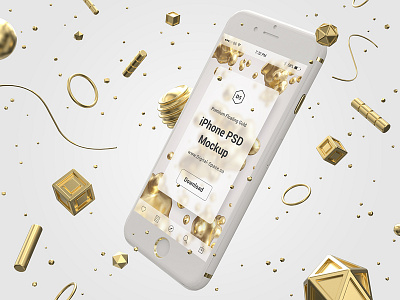 Floating Gold iPhone Psd Mock-Up 3d app gold iphone mobile mock up mockup photoshop plastic psd ui white