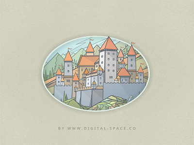 A Castle in the Mountains - Fragment. Day Version art blue day digital painting green hand drawn illustration orange painting photoshop psd