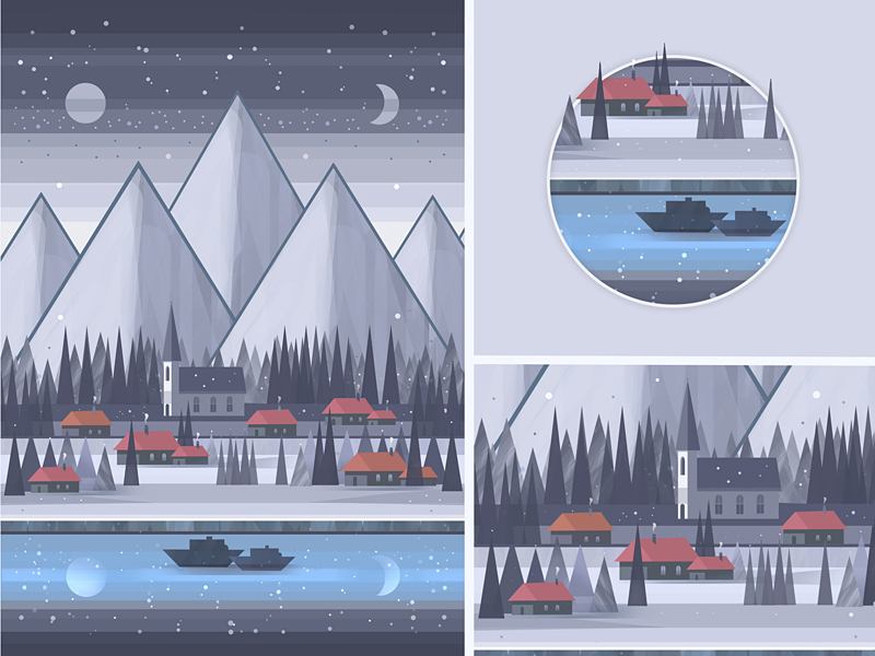 A Small Village by the Lake Under the Mountains flat mountains lake hand drawn painting digital painting art illustration gray photoshop blue