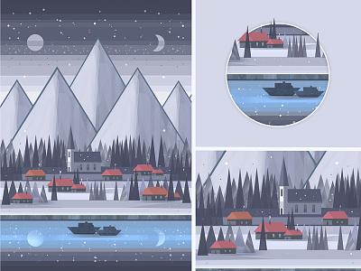 A Small Village by the Lake Under the Mountains art blue digital painting flat gray hand drawn illustration lake mountains painting photoshop