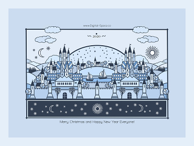 2020 art blue castle city flat hand drawn holiday illustration line art procreate