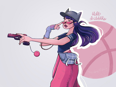 Hello Dribbble illustration animation ball character color design digital artwork dribbble girl graphic design gun hat hello dribbble illustration inspiration motion graphics pink texture thug life ui vector