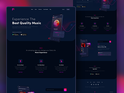 Music Landing Page adobexd android app dark landing page dark mode dark theme dark ui design illustration landing page design landingpage landingpage webdesign uiux logo music app music landing page music player ui uiux ux webdesign