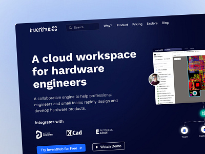 Landing Page - Cloud Workspace for Hardware Designers blue githubforhardware hardwaredesigns inventhub.io landingpage productdesign professionals saas teams