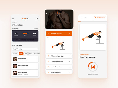 Home Workout App Exploration - BurnOut android app clean design exercise fitness healthy home illustration mobile orange pattern product training trend ui ux workout