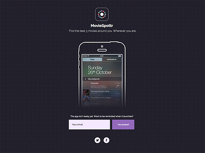 MovieSpottr Landingpage app find icon ios iphone landing page mockup movie notification center today widget