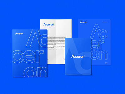 Acceron - Brand Stationery acceron blue brand design brand identity branding branding design design folder graphic design mark minimal mockup modern modern design modern stationery notebook stationery visual identity