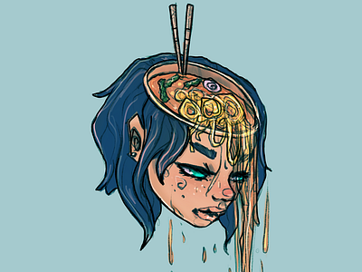 Head Full Of Ramen art asia design digital digital art drawing face food girl head illustration illustrator noodles portrait ramen sticker style surreal surrealism