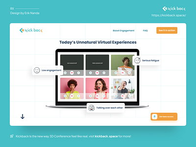 Landing Page for Kickback.Space 3d 3d conference avatar clean landing page conference hero image kick back kickback kickkack space landing page meeting metaverse online meeting virtual virtual meeting zoom zoom meeting