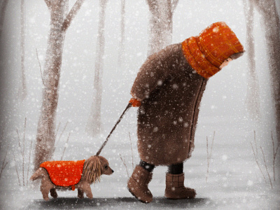 Old Lady With Little Dog animal illustration couple couples dachshund digital art digital painting dog dog illustration illustration loneliness old woman people illustration photoshop art winter winter is coming