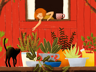 Girl  Cat  Plants And Red House Illustration