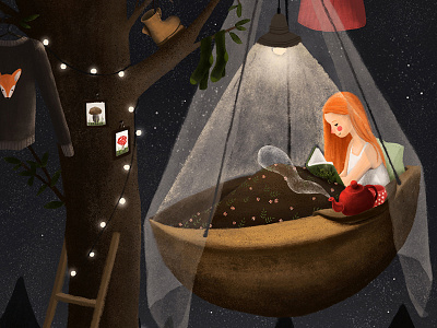 Living In A Tree Illustration childrens book illustration digital art digital illustration digital painting dreamy editorial art girl reading illustration kidlit kidlitart kidlitartist kids illustration magical night illustration photoshop photoshop art photoshop illustration