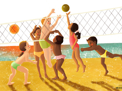 Kids Playing Beach Volleyball Illustration