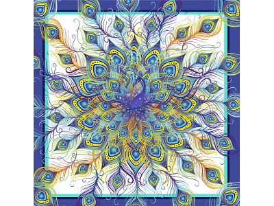 Mandala con plumas armonía azul colores design equilibrio flow ilustrator mandala marco pavo real paz plumas simétrico vector