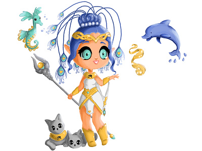 Hechicera Egipcia abundancia animales azul caballo de mar corona delfin dorado egipto felinos gatos hechicera magia mujer nena ojos oro pavo real plumas