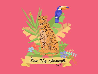Amazonas te necesita animales aves cartel ecología especies floral flores hojas ilustración infant jaguar mensaje naturaleza proteger tarjeta tigre tucán vector vegetación vida