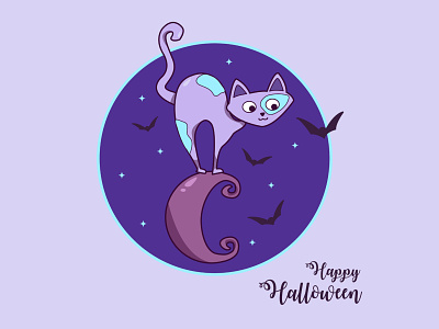Gato de Halloween cartel design dibujos animados estrellas gato halloween halloween design halloween party ilustración infantil luna marco miedo noche tarjeta tenebrosa vampiros vector