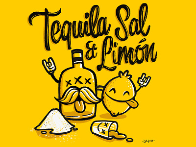 Tequila Sal & Limón character drunk friends happy lemon moustache sketch tequila yellow