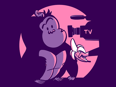 Ape's opinion ape banana camara gorilla interview monkey pink purple television tv