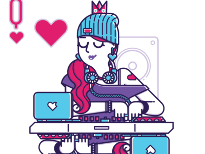 Queen of Djs cardistry character dj fashion flat heart illustration linear pink playing cards poker purple queen queen of hearts style vector