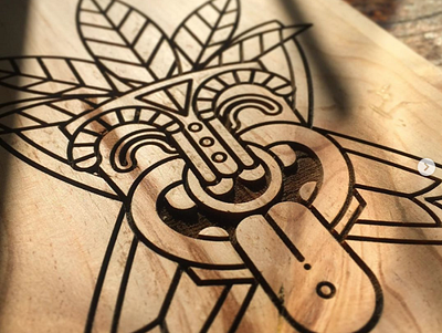 TIKI MASK character engraved geometric illustration laser engraving linear illustration logo maker mask skateboard surf tiki vector illustration wood wooden