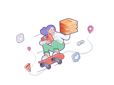Heroic delivery girl flies with warm and fatty carbs 2d character adobe illustrator cartoon cartoon character character design delivery design girl graphic design illustration pizza skateboard ui vector