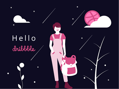 Hello Dribble! forest girl graphicdesign hello dribble illustraion jungle night travel trip vector