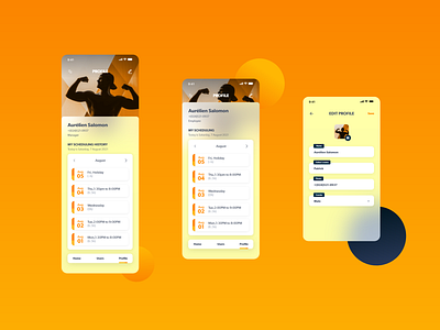 Profile design ui/ux app application brand design edit experience glass glassmorphism gym interface mobile modern name profile schedule ui uiux user