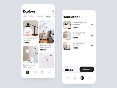 Furniture E-commerce App 2019 app black cards design e commerce furniture furniture app home ios13 iphone11 lamps layout list product shop tabs ui ux yellow