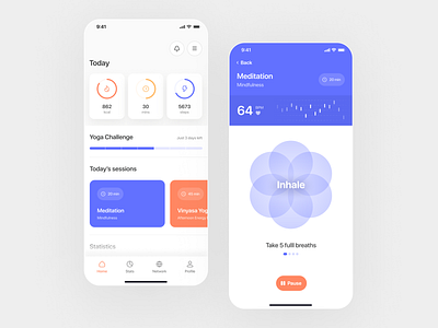 Fitness app app blue breathing clean concept design fit fitness mindfulness minimal minimalistic mobile mobile app orange product design ui yoga