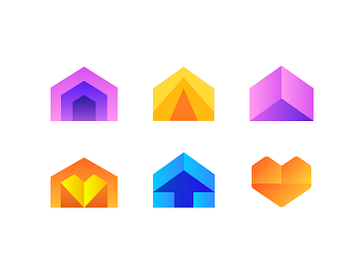 House / Arrow / Heart Logo Explorations (Unused for sale) brand identity branding for sale unused buy house housing arrows directions logo mark symbol icon orange shades gradient sharp corner angle home type typography text custom up success 3d space