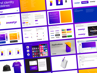 Investyr Brand Guidelines & Identity app application android ios arrow rise progress tech brand identity branding direction up upwards guidance guide manager advice logo mark symbol icon money investment strategy stocks mutual funds wealth increase type typography text custom wordmark logotype purple orange